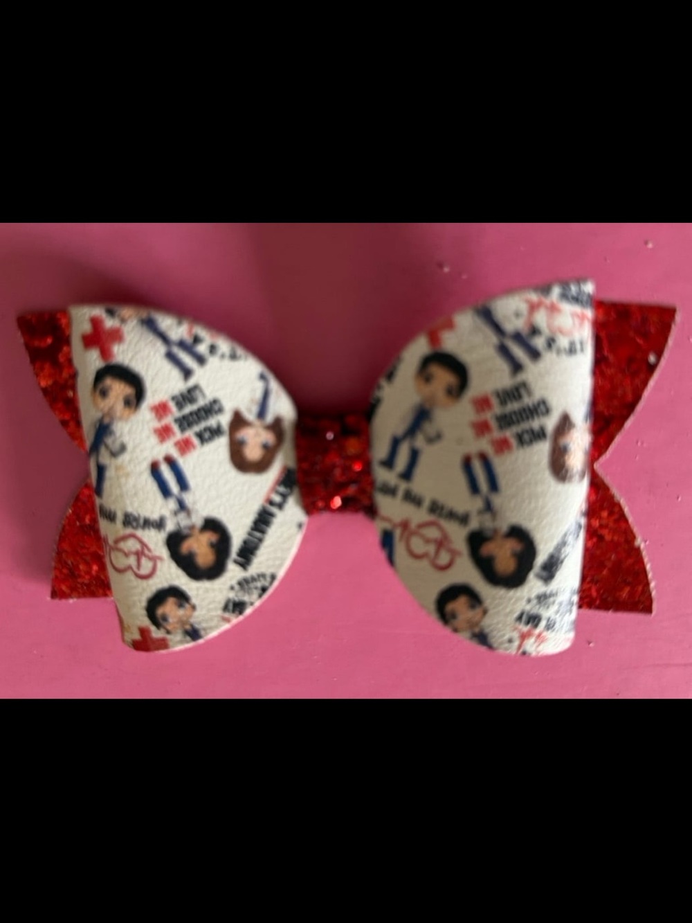 Kids Red Glitter & White Printed Nurse Bow Hair Clip